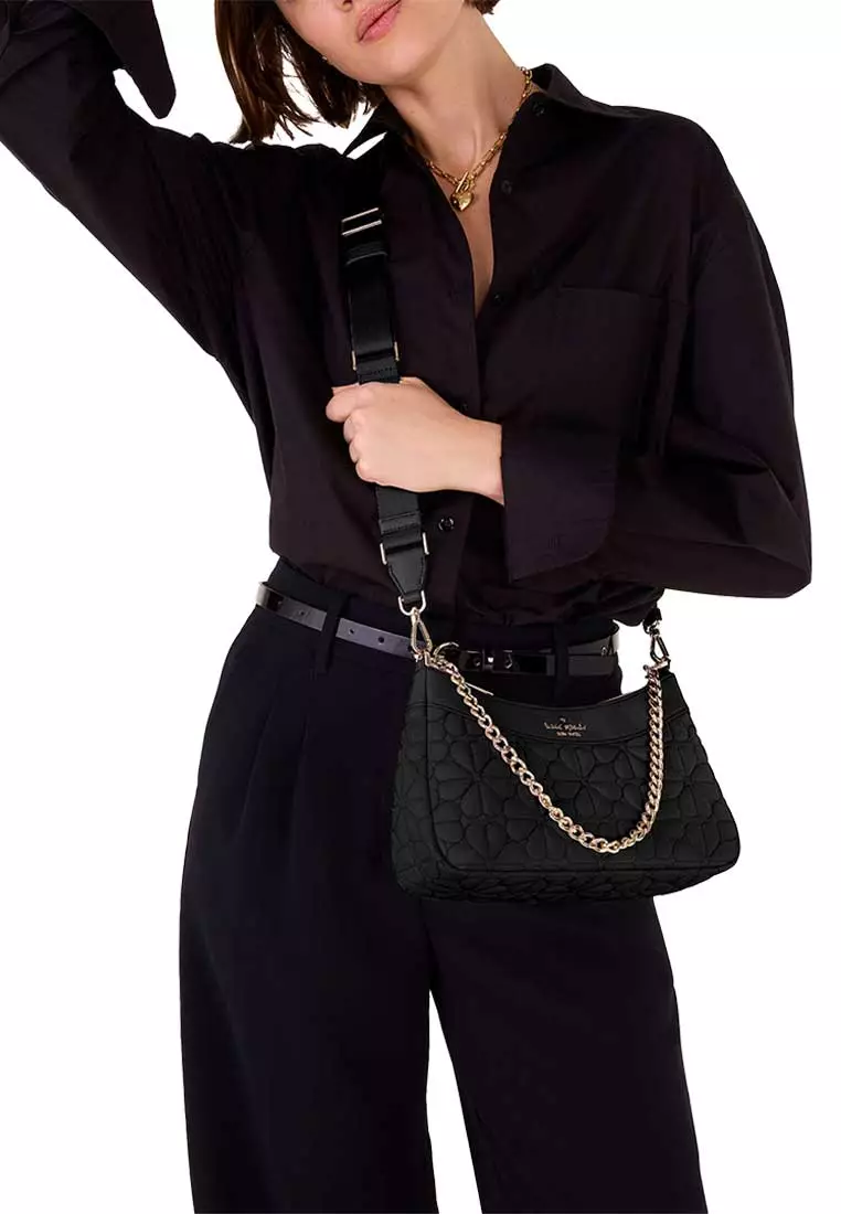 Spade Flower Quilted Fabric Convertible Crossbody Bag Black KK077