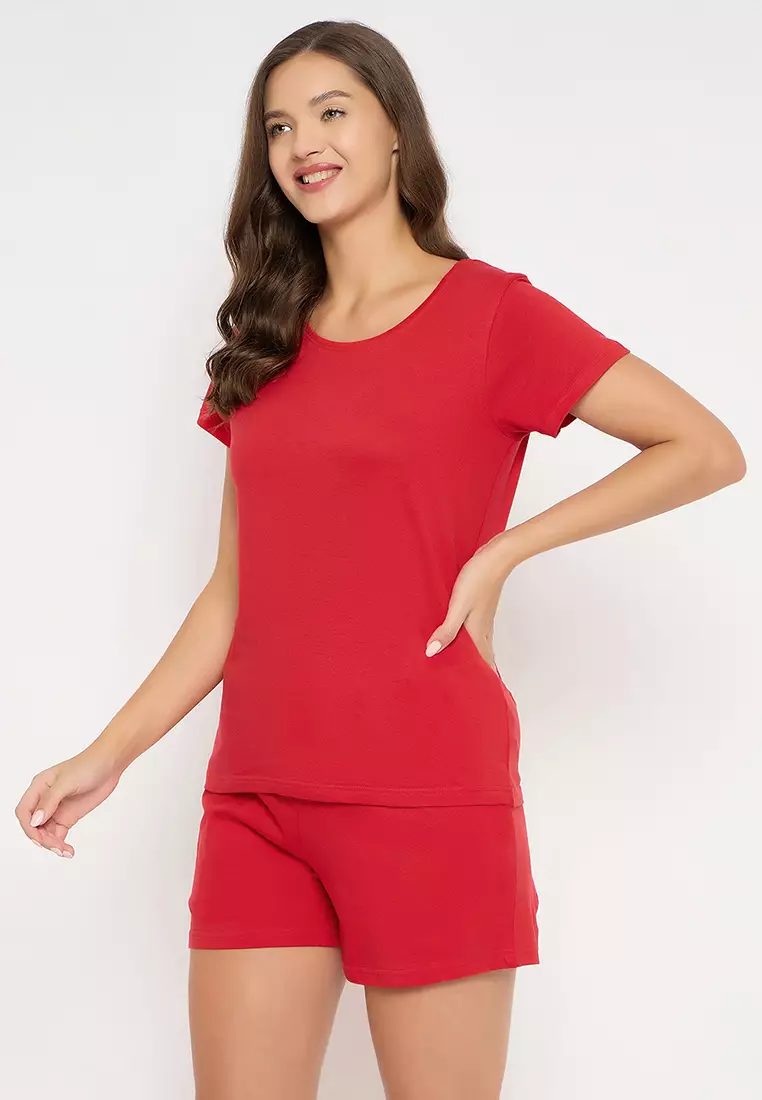 Clovia Panda Print Top & Chic Basic Shorts Set in Brick Red - 100% Cotton