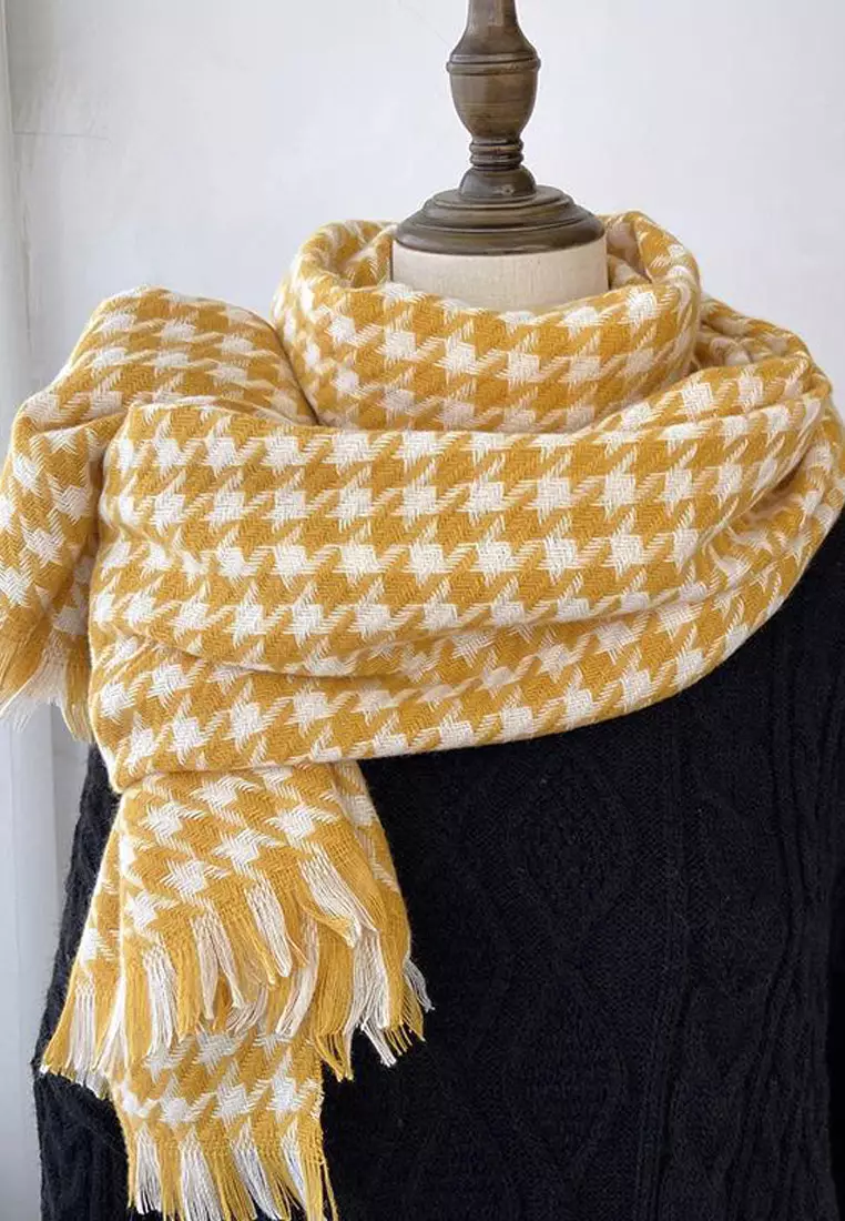 San Marco Houndstooth Cashmere Shawl Syal Wanita Kasmir Yellow & White