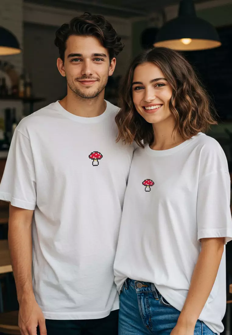 Ecru Unisex Oversize/Wide Cut Mushroom Embroidered 100% Cotton T-Shirt TMNSS24TS00070