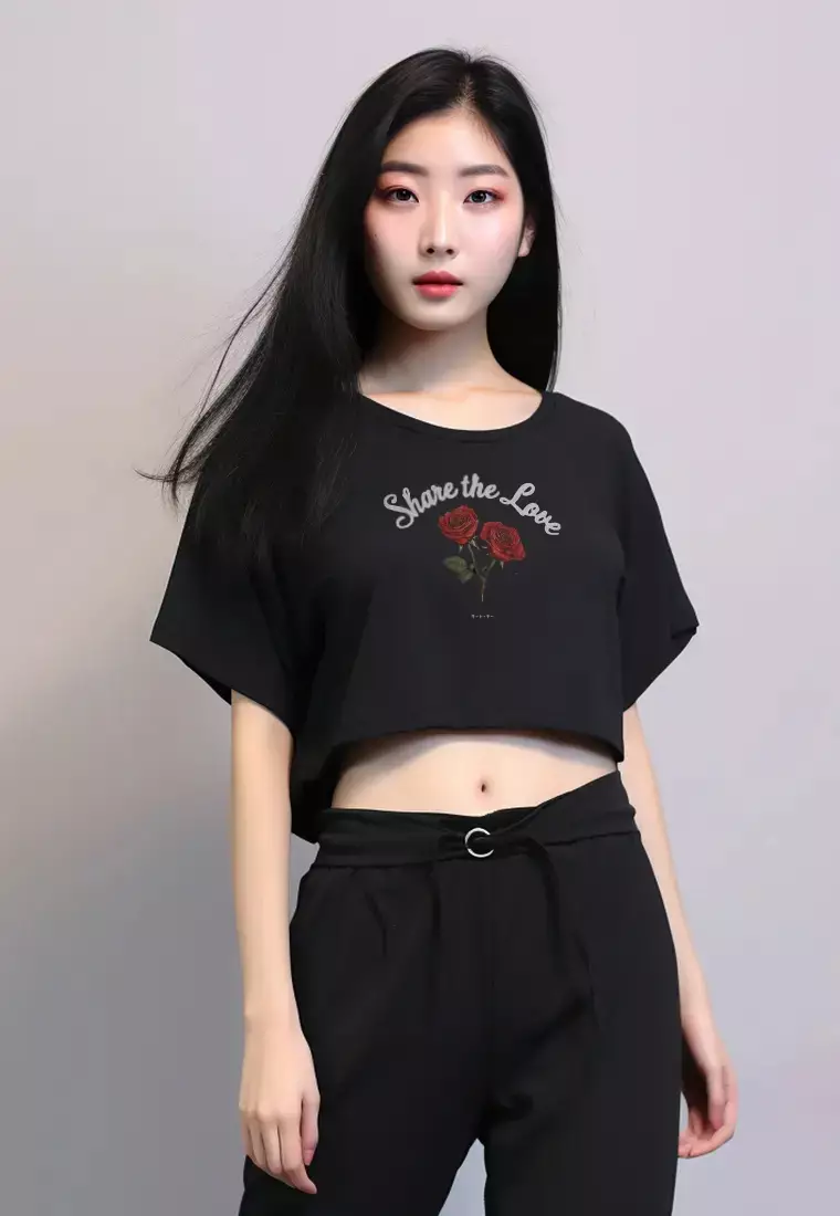 LTG35 Kaos gambar bunga mawar oversize olc "share the love" hitam