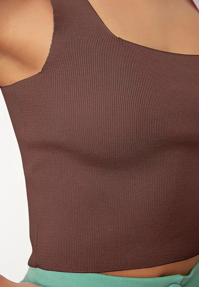 Brown Crop Thick Strappy Blouse