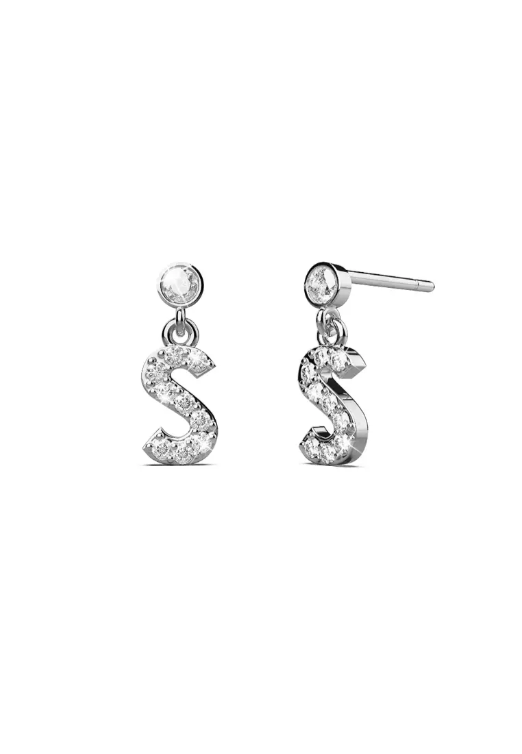 Solid 925 Sterling Silver Initial Crystal Personalised Alphabet Letter Earrings - S - Default