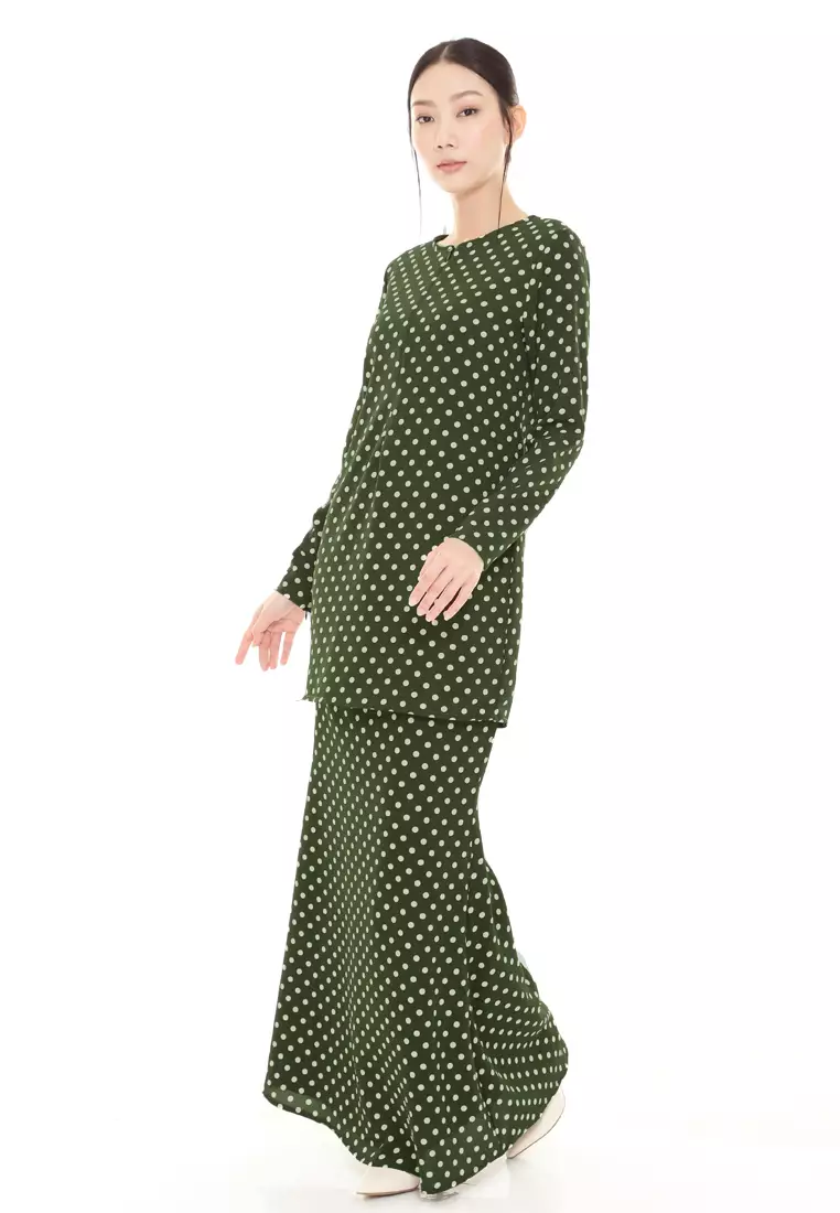 Rina Printed Kurung Modern in Olive Green Polka Dot