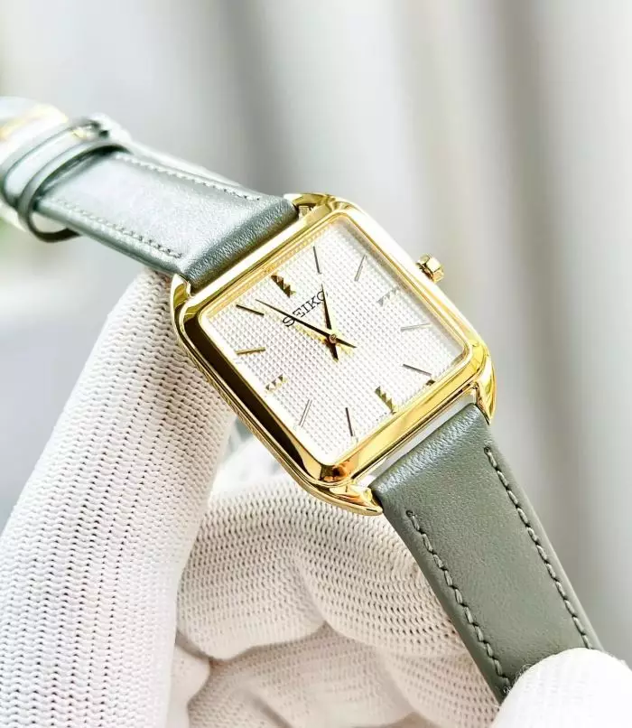 Jam Tangan Wanita Seiko Classic SWR090 SWR090P1 Strap Leather Grey Color Madam Gold Dial Color Dress Watches