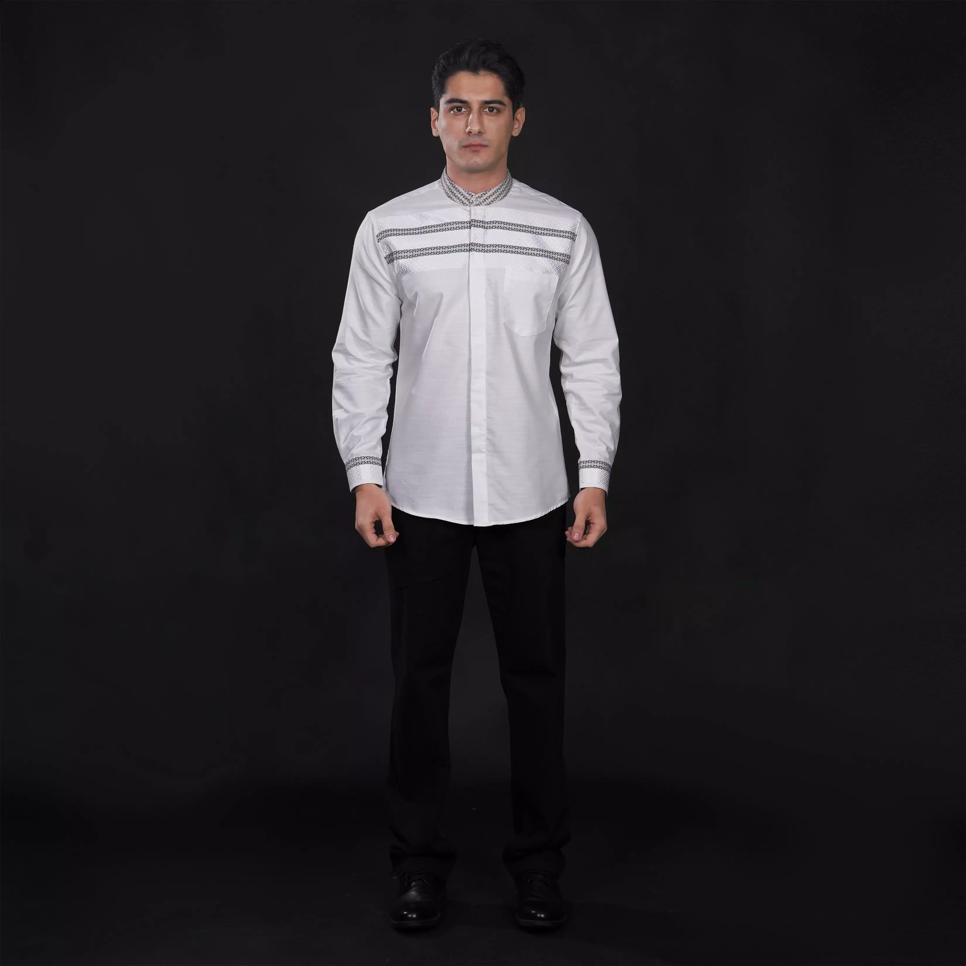 Casella Baju Koko Pria Lengan Panjang Premium Horizontal White | Koko Elegant Ismail Lengan Panjang 9018 White