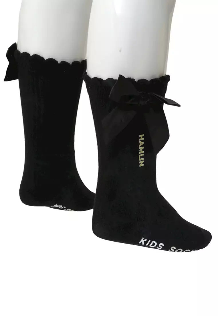 Candie Kaos Kaki Panjang Anak Perempuan Desain Pita Kids Socks Anti Slip Material Cotton ORIGINAL - Black