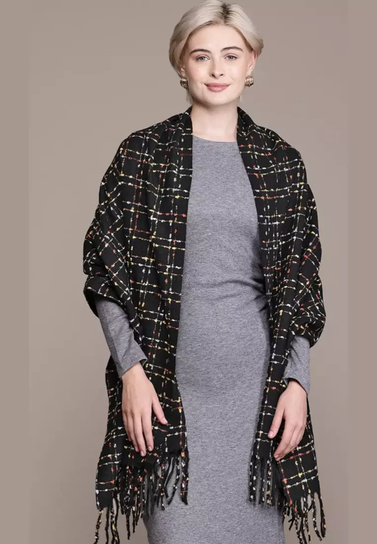 Aksesoris Wanita Threadwork Loom Cashmere Pashmina Syal Wanita Black