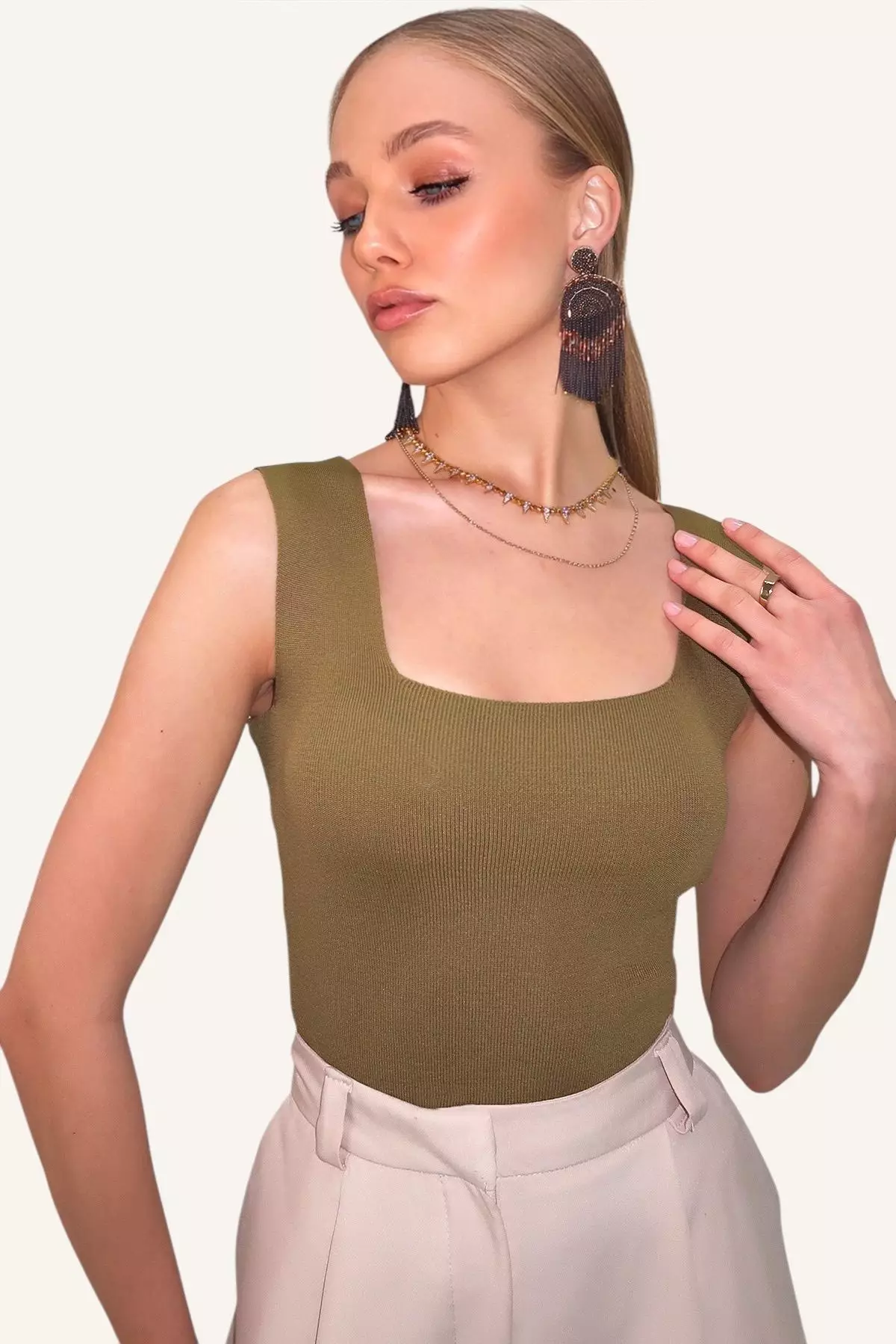 Women's Khaki Square Neck Slim Mercerized Blouse