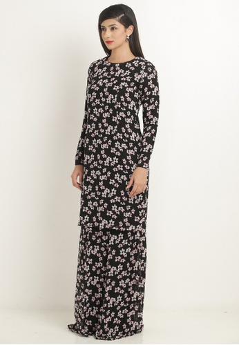 Buy Kurung Modern Princess Cut in Black with Pink Floral Print from Nadzri Morshidi in Black at Zalora