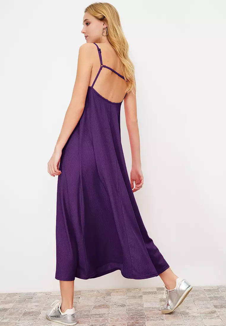 Trendyol Purple Belted A-Line High Collar Mini Woven Dress