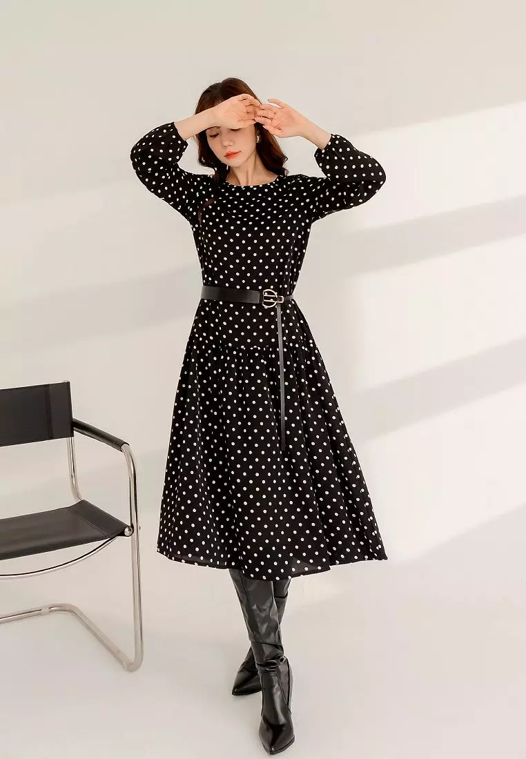 Buy OBSTYLE Vintage Polka Dot Low-Waist Flared Long Sleeve Maxi Dress   Mori Style [DA10210] Online | ZALORA Malaysia