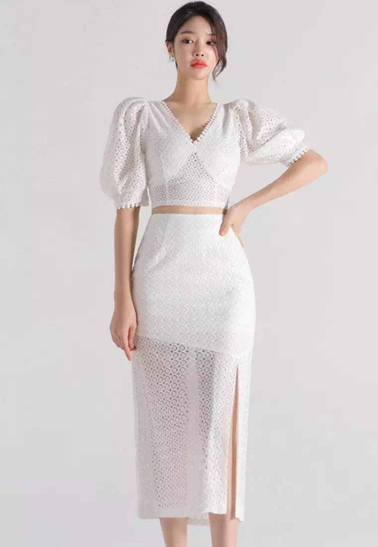 2025夏季新款兩件套蕾絲開叉包臀裙套裝CA081605