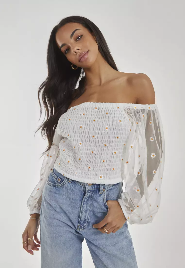 Pink Vanilla White Shirred Mesh Daisy Top