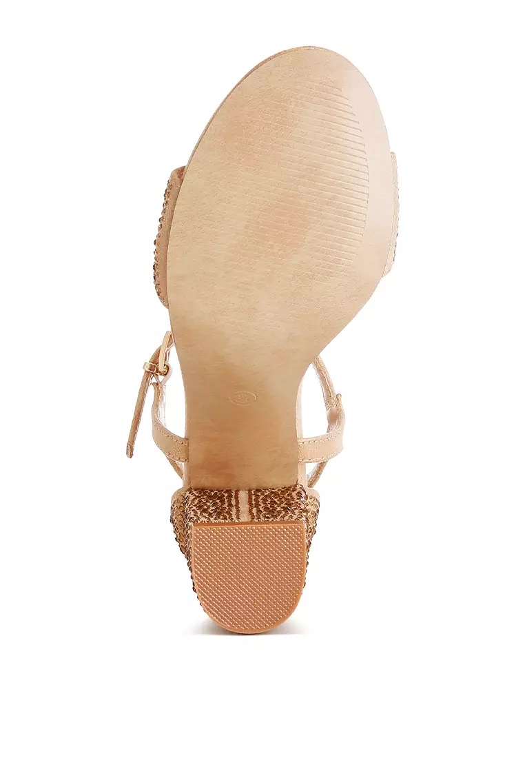 Rhinestones Embellished Sandals in Beige