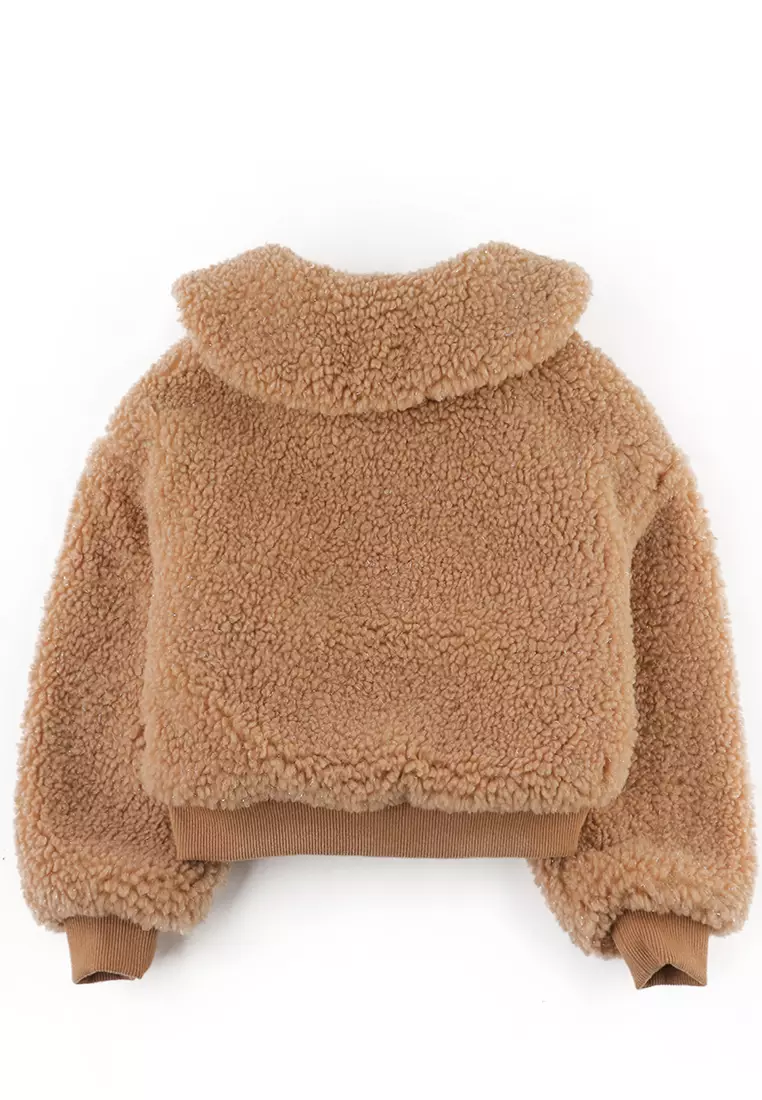 Girls Faux Shearling Bomber Jacket With Ribbed Hem And Cuffs