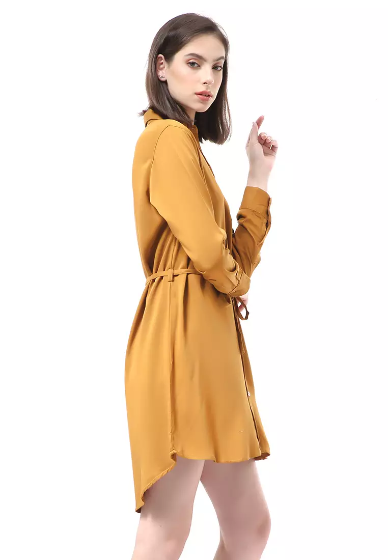 Rachel Dress Wanita Model Kemeja Full Kancing Long Sleeve Material Twill Rayon ORIGINAL - Kunyit