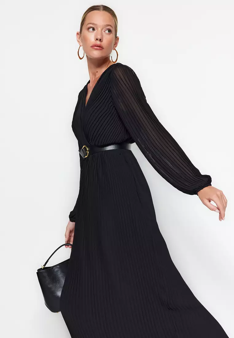 Black Belted A-Line Pleated Maxi Lined Chiffon Flight Flight Woven Dress Twoaw24El471