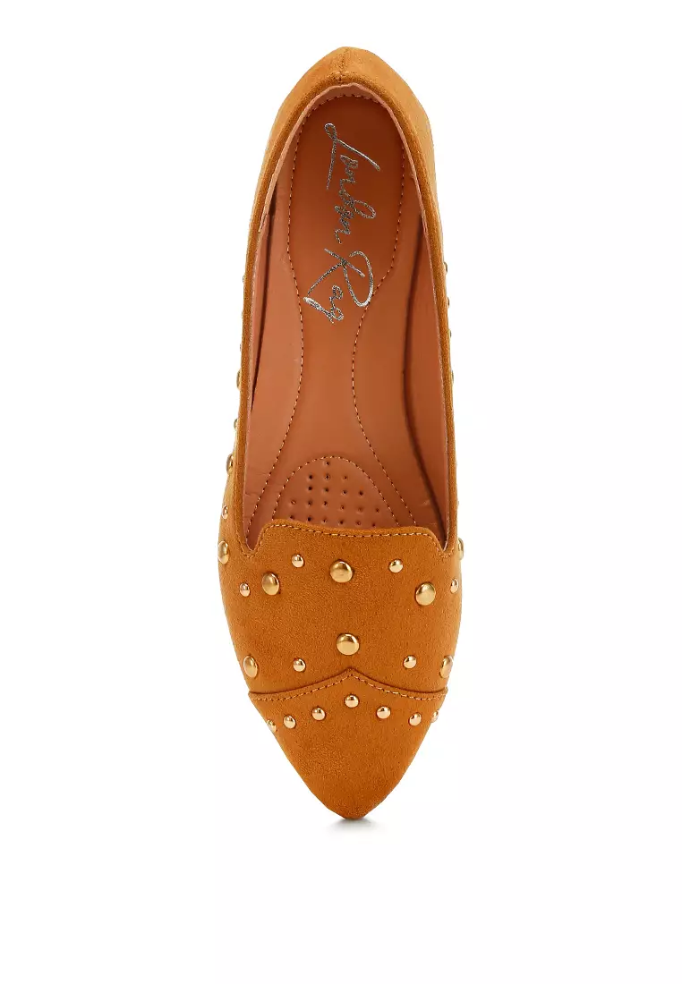 Stud Embellished Ballet Flats in Tan