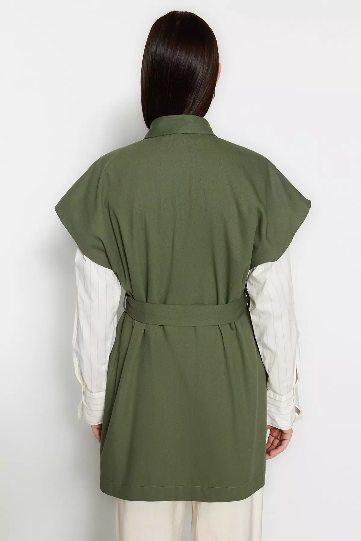 Waist Tie Wide Shoulders Woven Vest