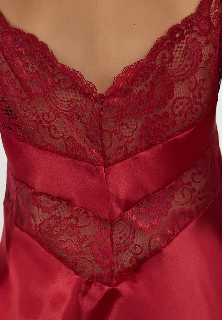 Burgundy Lace Back Rope Strap Satin Woven Nightgown THMSS24GC00016