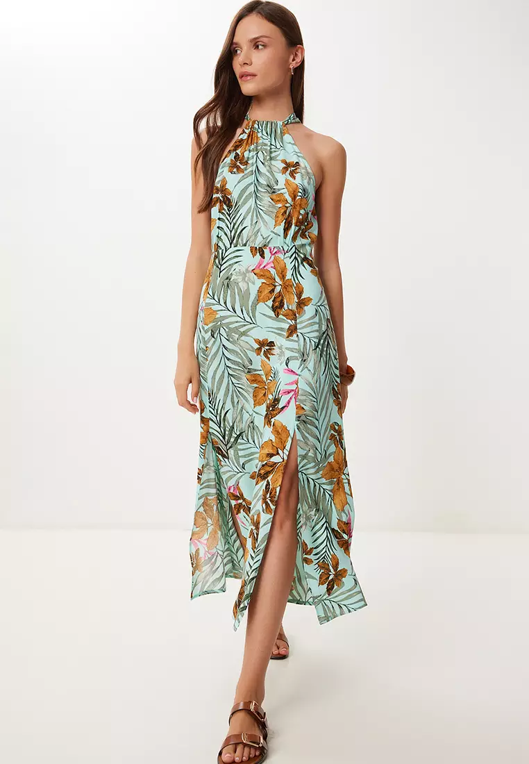 Women's Water Green Tan Halter Neck Patterned Midi Viscose Dress Fg00047