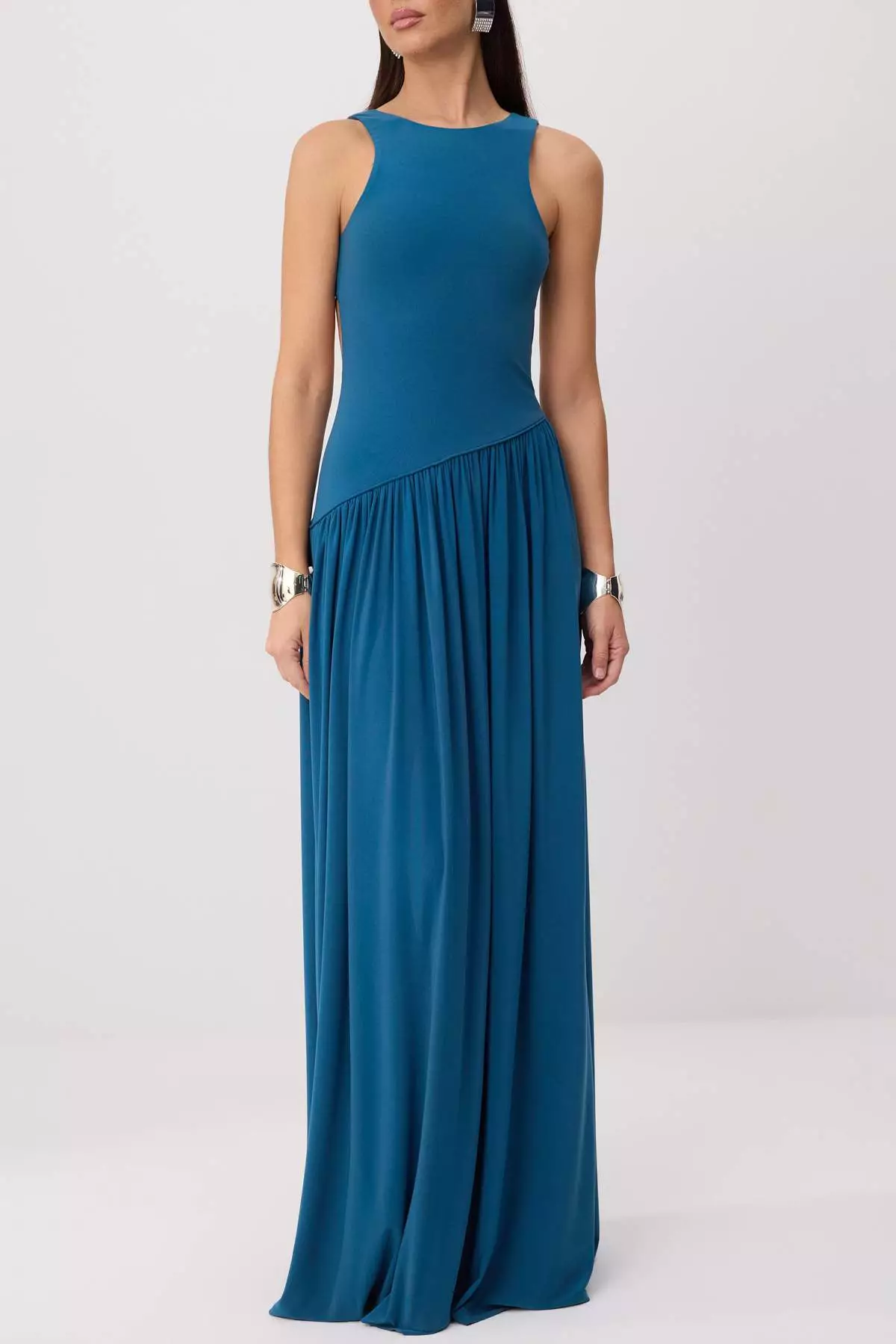 Petrol Halter Neck A-Line/ Bell Form Maxi Dress Tprss26El00229