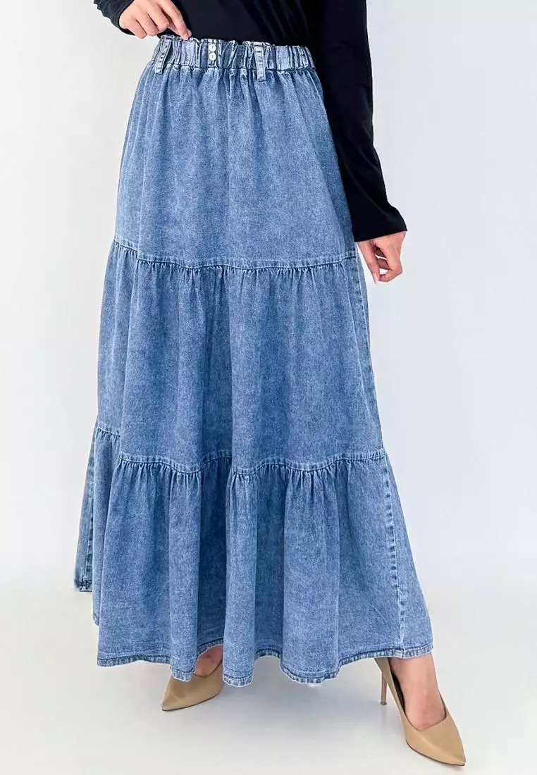 Arabel Denim Skirt (Rok Susun Panjang Jeans Flare) Biru Snow