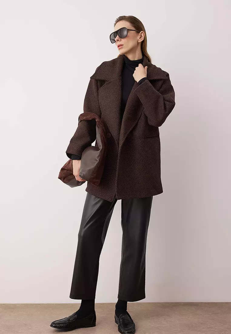 Brown Oversized Diagonal Mono Closure Midi Cashmere Coat Twoaw26Kb75