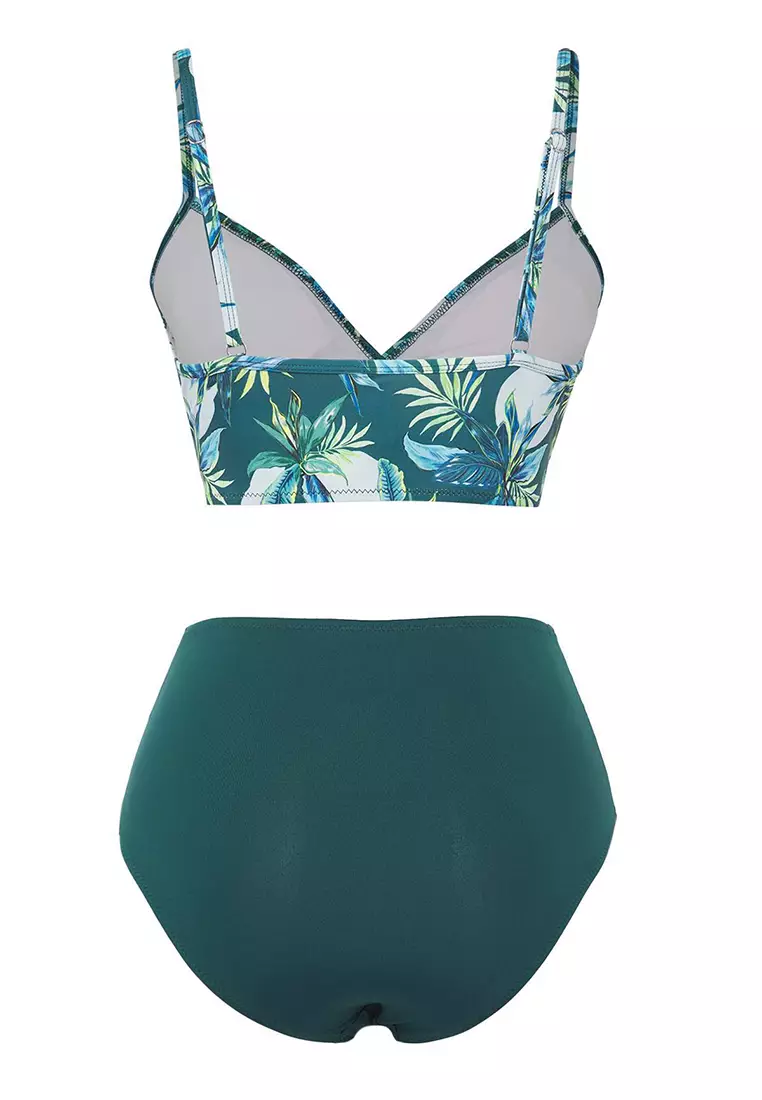 Floral Pattern Draped Triangle Covered Hipster High Waisted Bikini Set