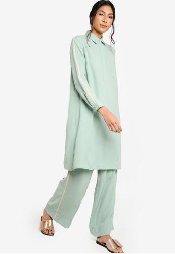 Buy Piping Tunic And Wipe Pants Co-ords from Zalia in Green at Zalora