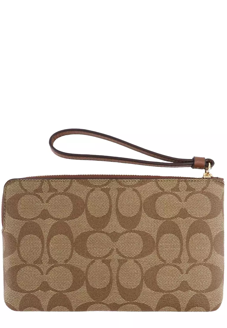 Coach Double Corner Zip Wristlet Large Signature Canvas Brown/Black in  Coated Canvas with Gold-tone - US