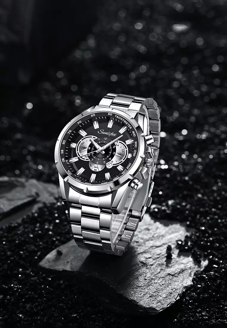 Jam Tangan Pria 3351 Kalender Kuarsa Jam Tangan Cowok Santai Tali Stainless Steel Original silverblack