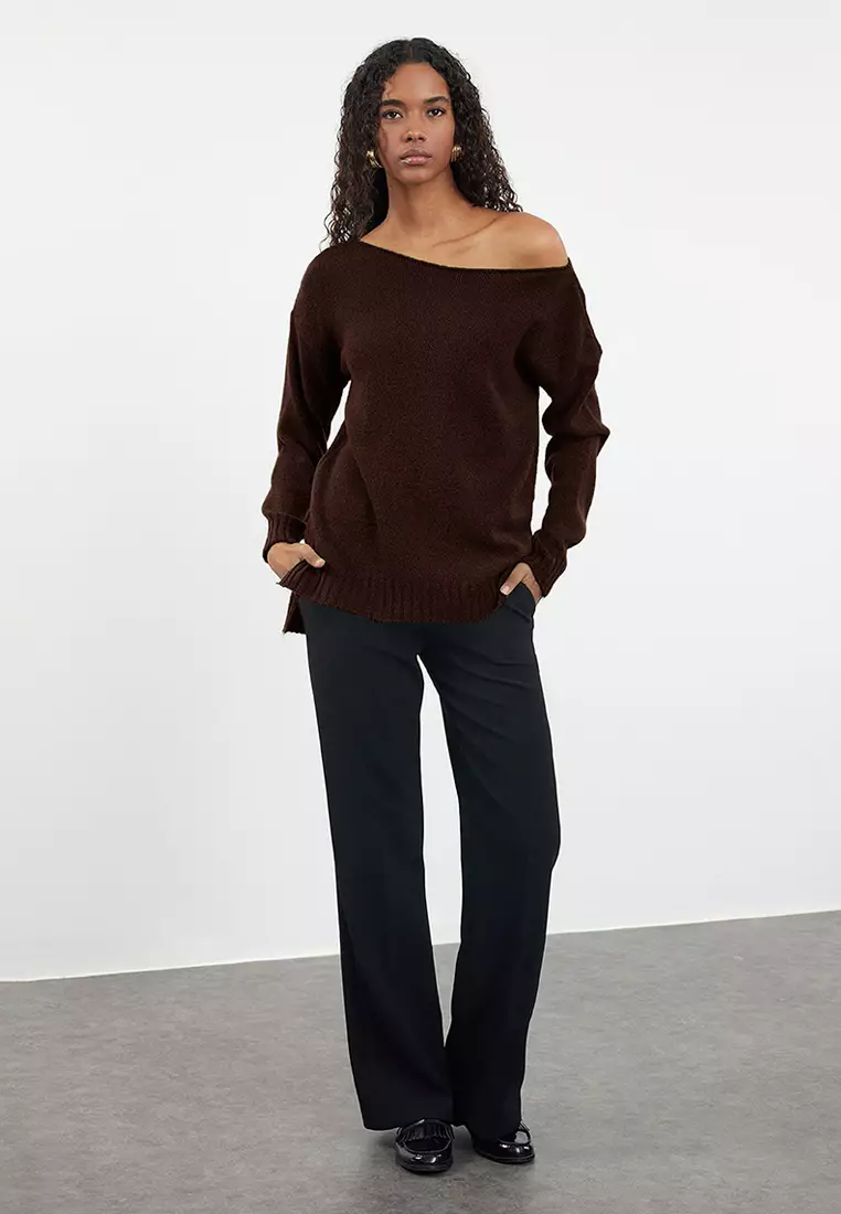 Brown Wool Boat Neck Basic Knitwear Sweater