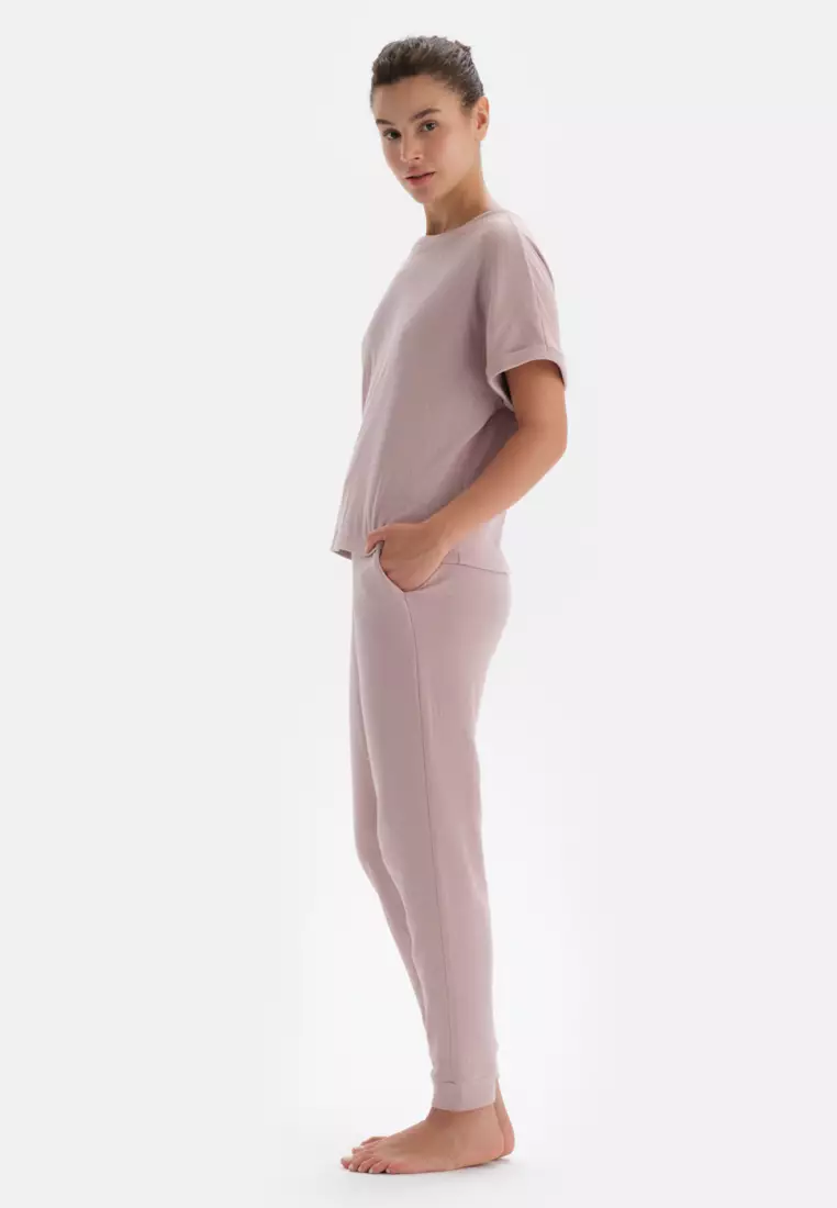 Light Pink T-Shirt & Trousers Knitwear Set, Slogan Printed, Crew Neck, Oversize, Long Leg, Short Sleeve Sleepwear for Women