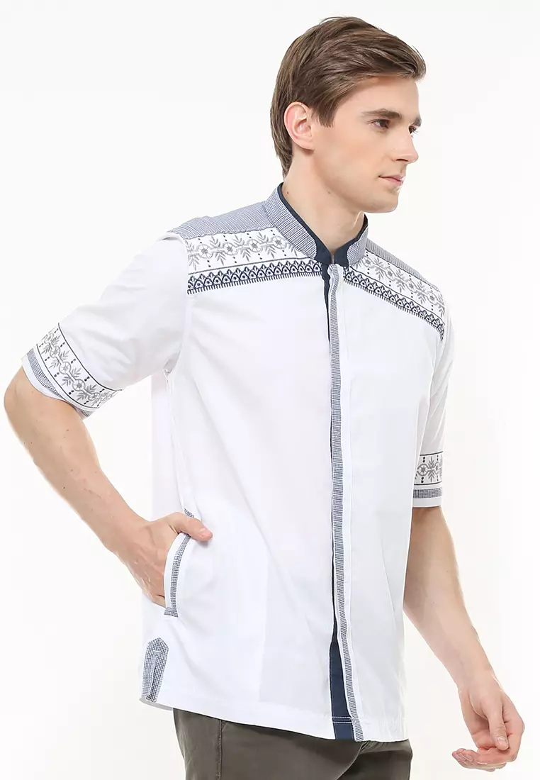 Regular Fit - Baju Koko - Motif Polkadot - Bordir - Putih HItam