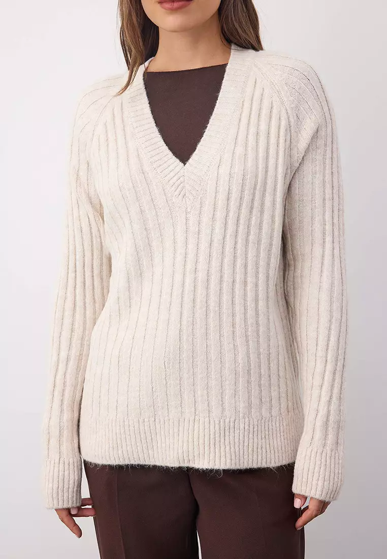 Wardrobe Essentials Stone Soft Textured Ribbed Knit Sweater