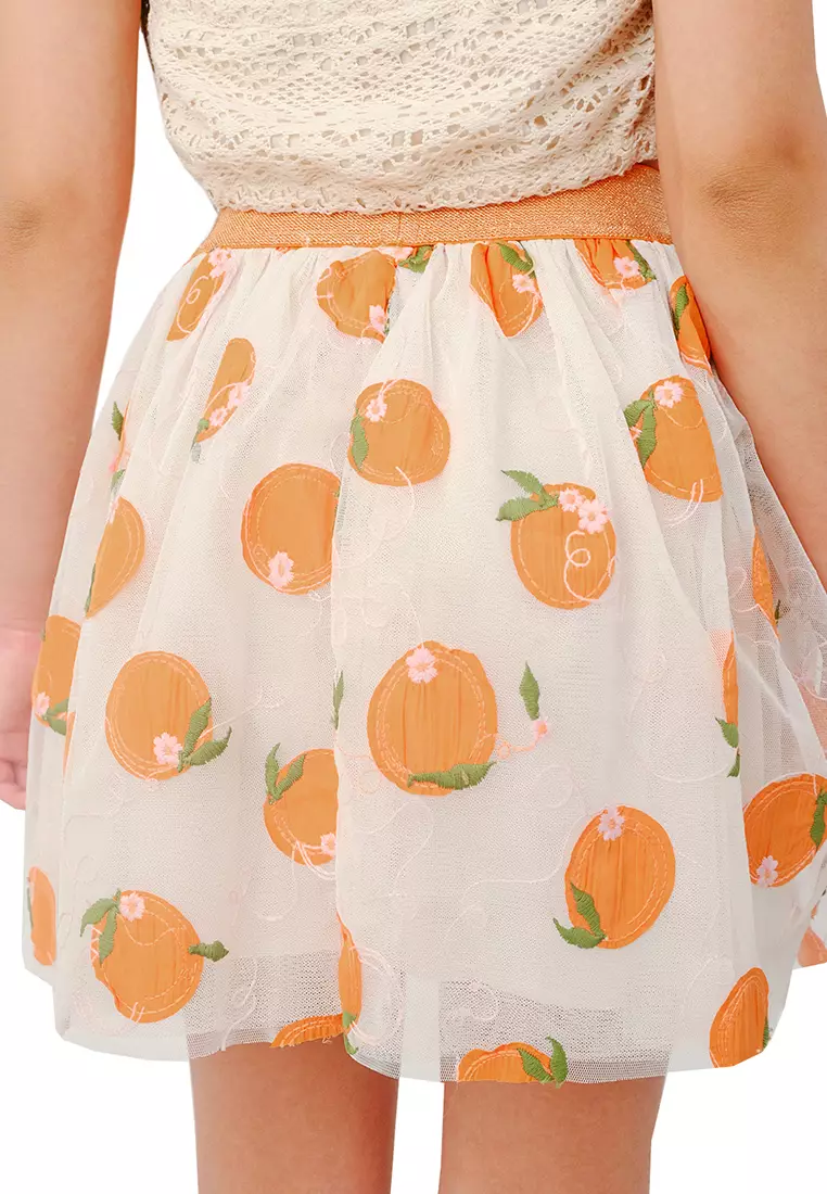 Girls Orange Embroidered Skirt