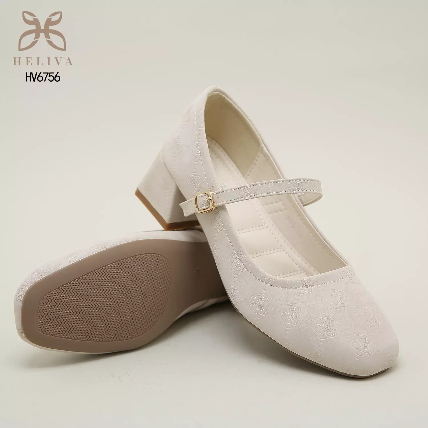 Heliva Kimmy Marry Jane Shoes Heels Chunky Embossed Flower Sol 5cm