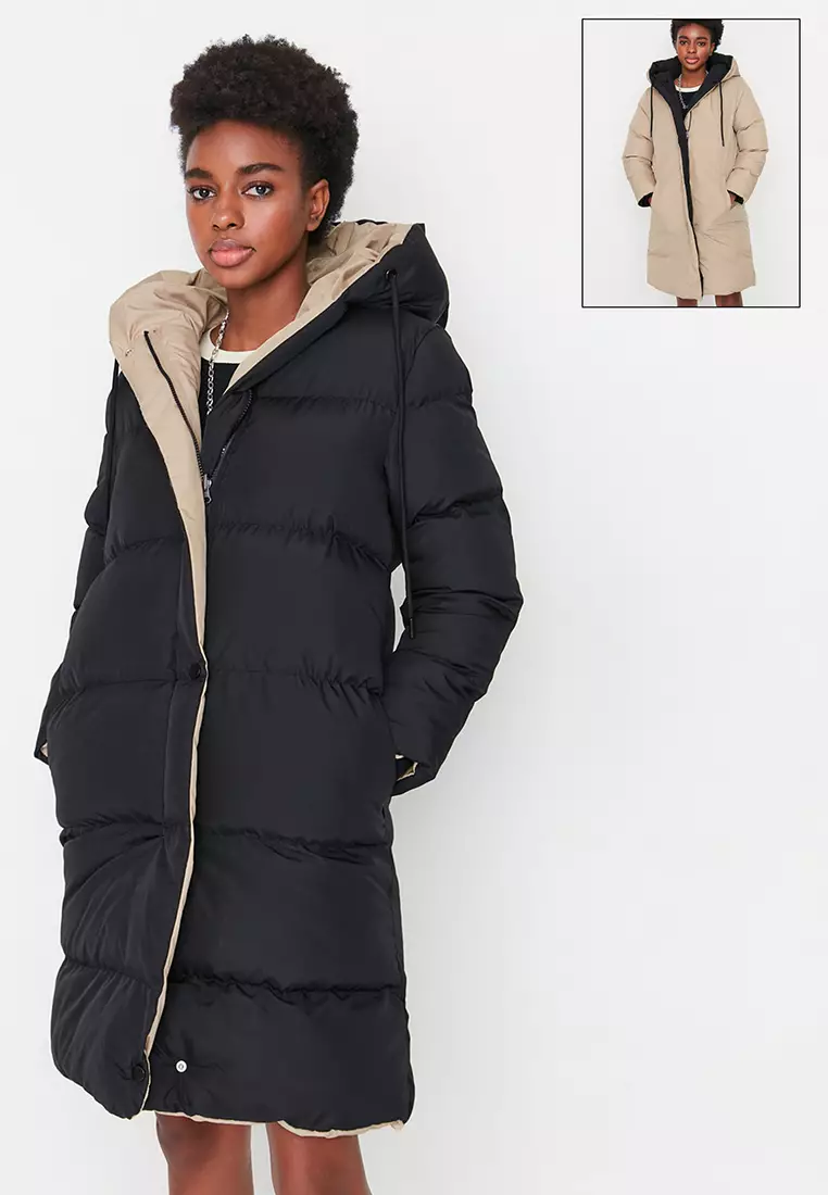 Long quilted coat with fur hood hot sale