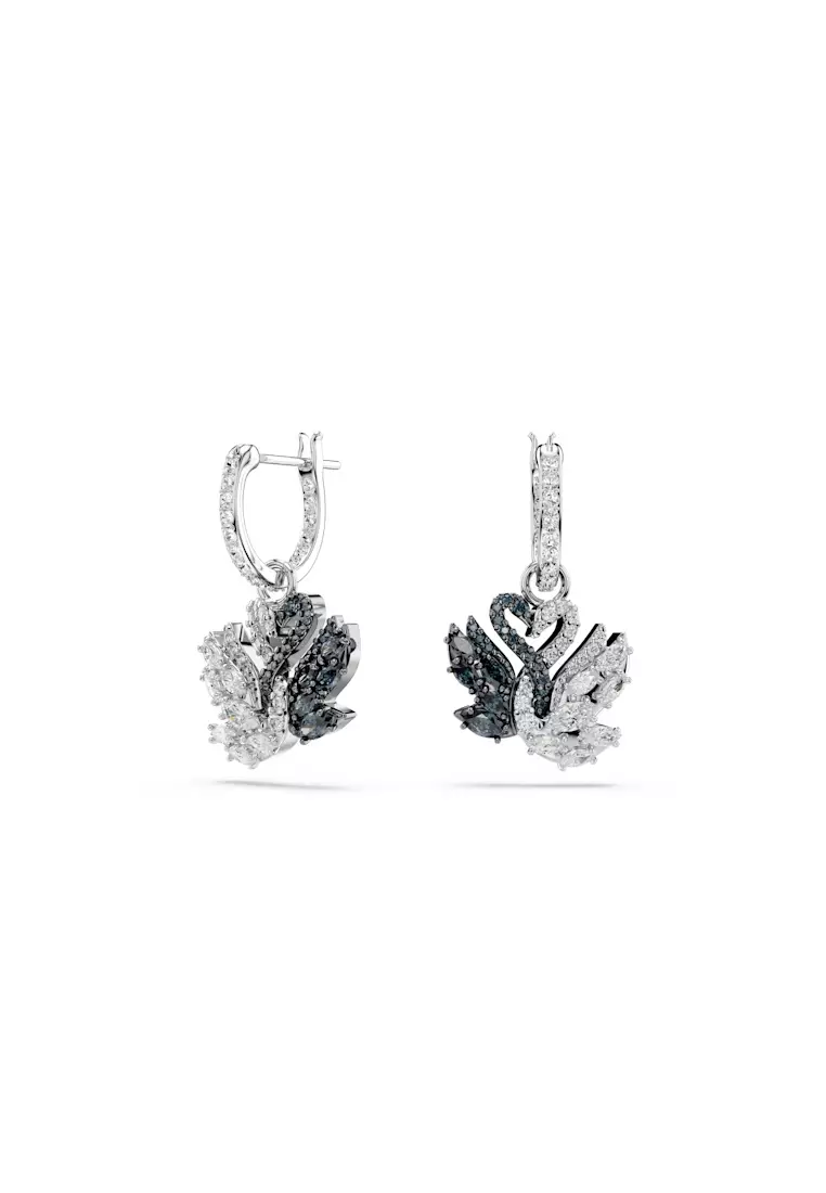 Swan drop earrings, Swan, Black, Rhodium plated