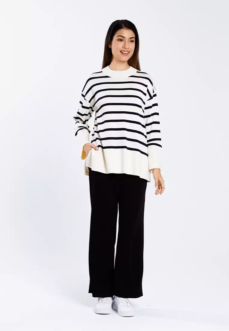 Forest Ladies Striped Knit Top Women Long Sleeve Knitted Sweater | Baju Perempuan Lengan Panjang - 822446-15Beige