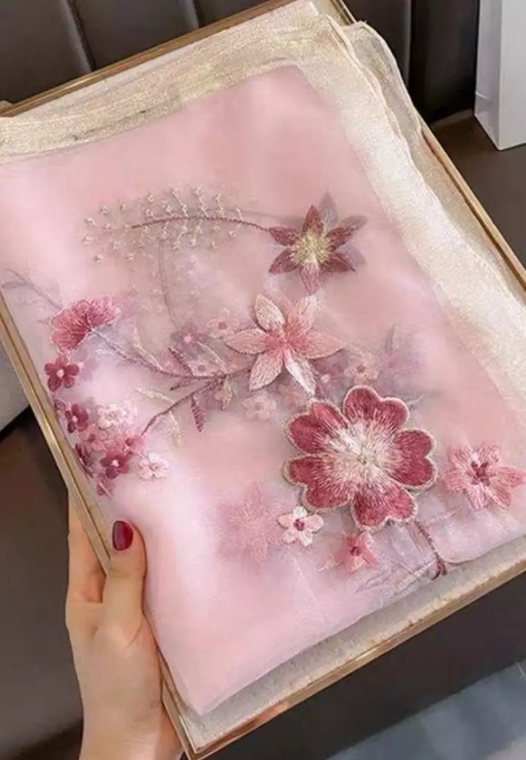 Golden Thread Embroidery Flowery Silk Shawl Syal Sutra Wanita Pink