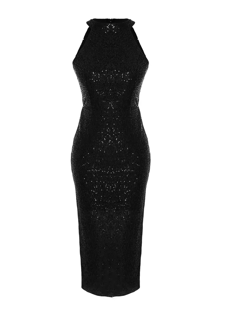 Black Sequin Embellished Elegant Evening Prom Christmas Dress