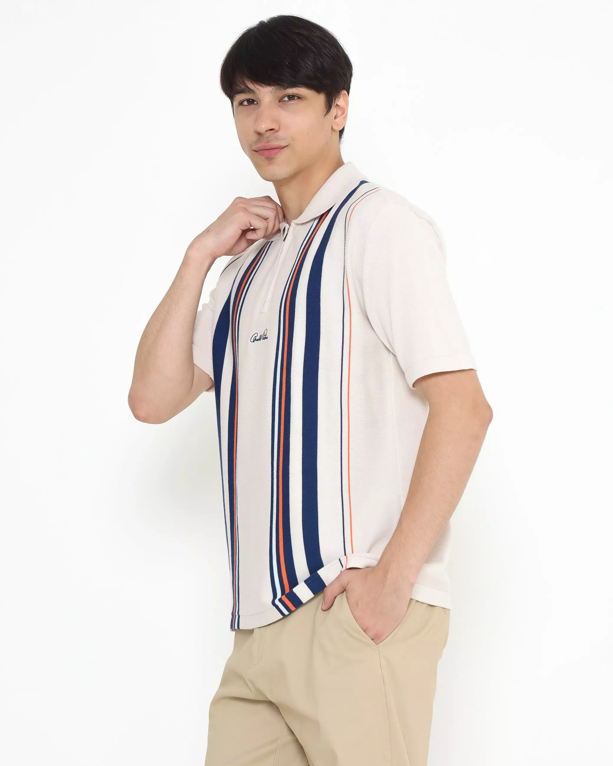 SHORT SLEEVE KNITTED ZIPPER POLO SHIRT CREAM
