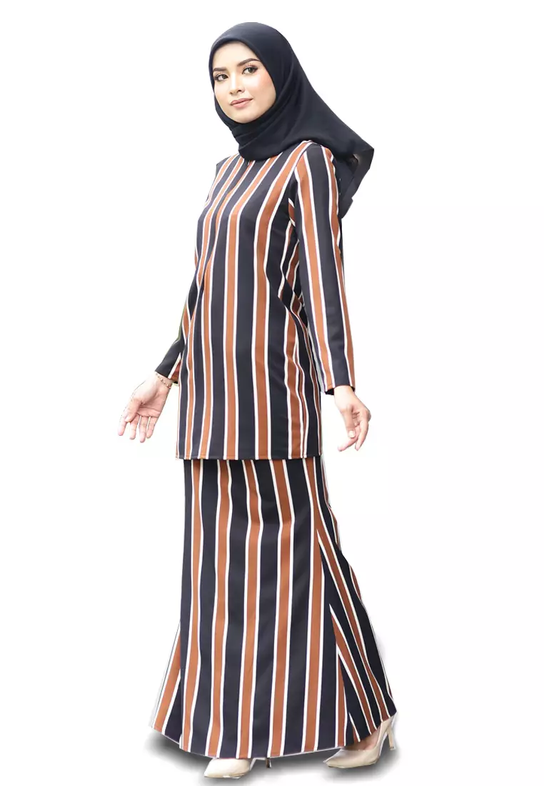 Rina Stripe Printed Kurung Orange Black