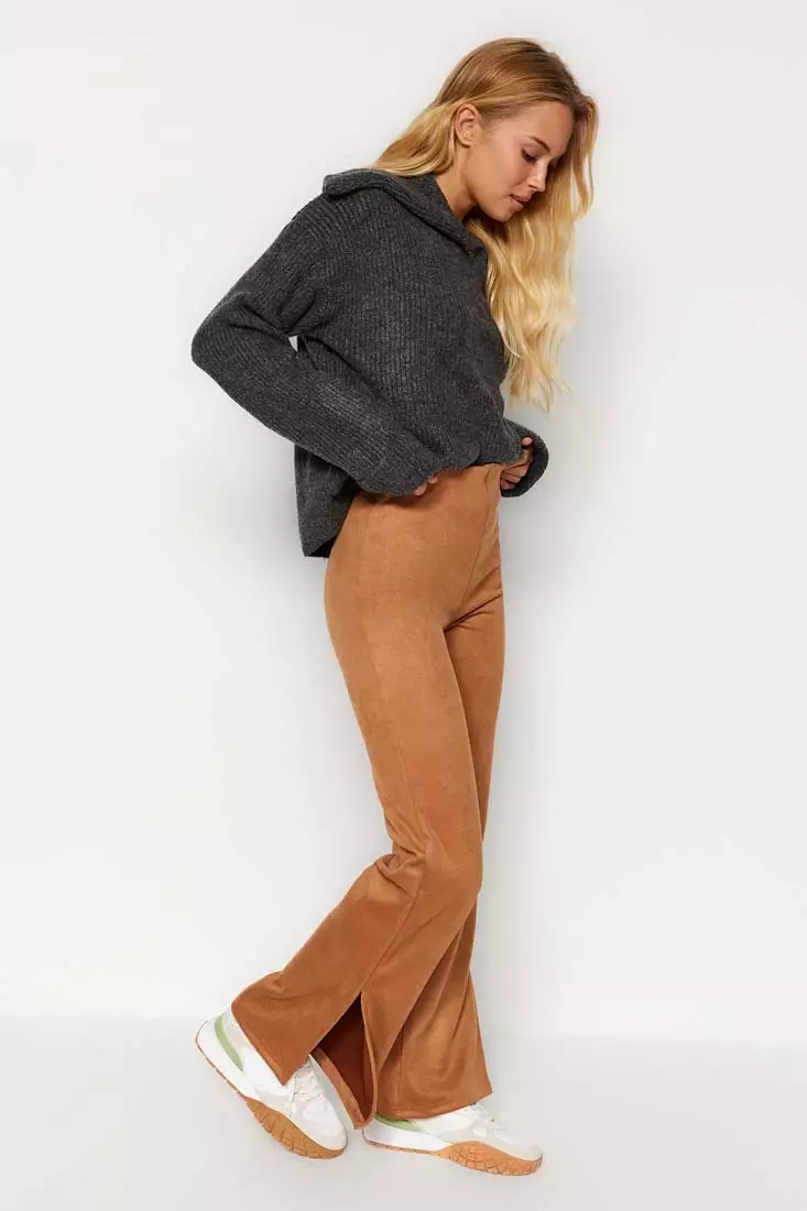 Buy Trendyol Camel Suede Slits in the Sides Flare/Flare-Down Leg