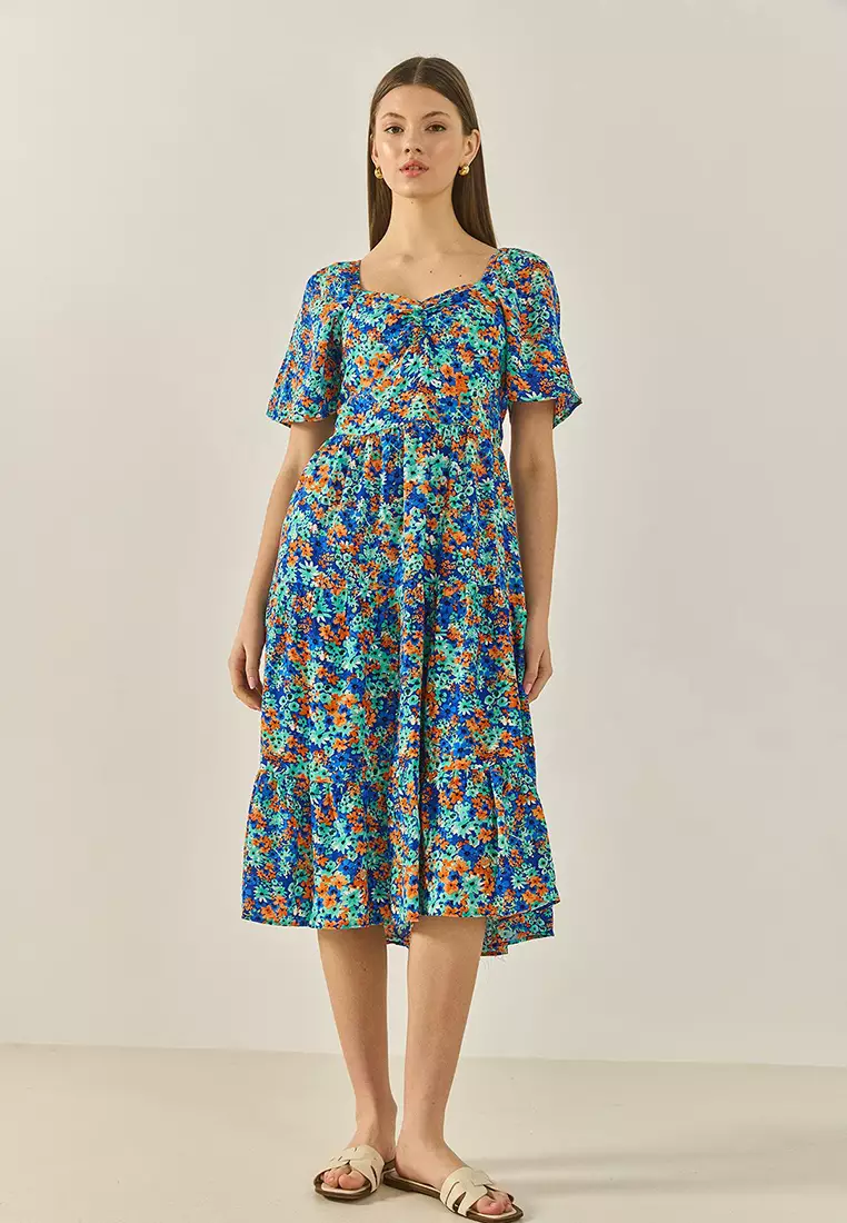 Women's Patterned Carmen Collar Gather Detailed Midi Length Summer Dress 60284046