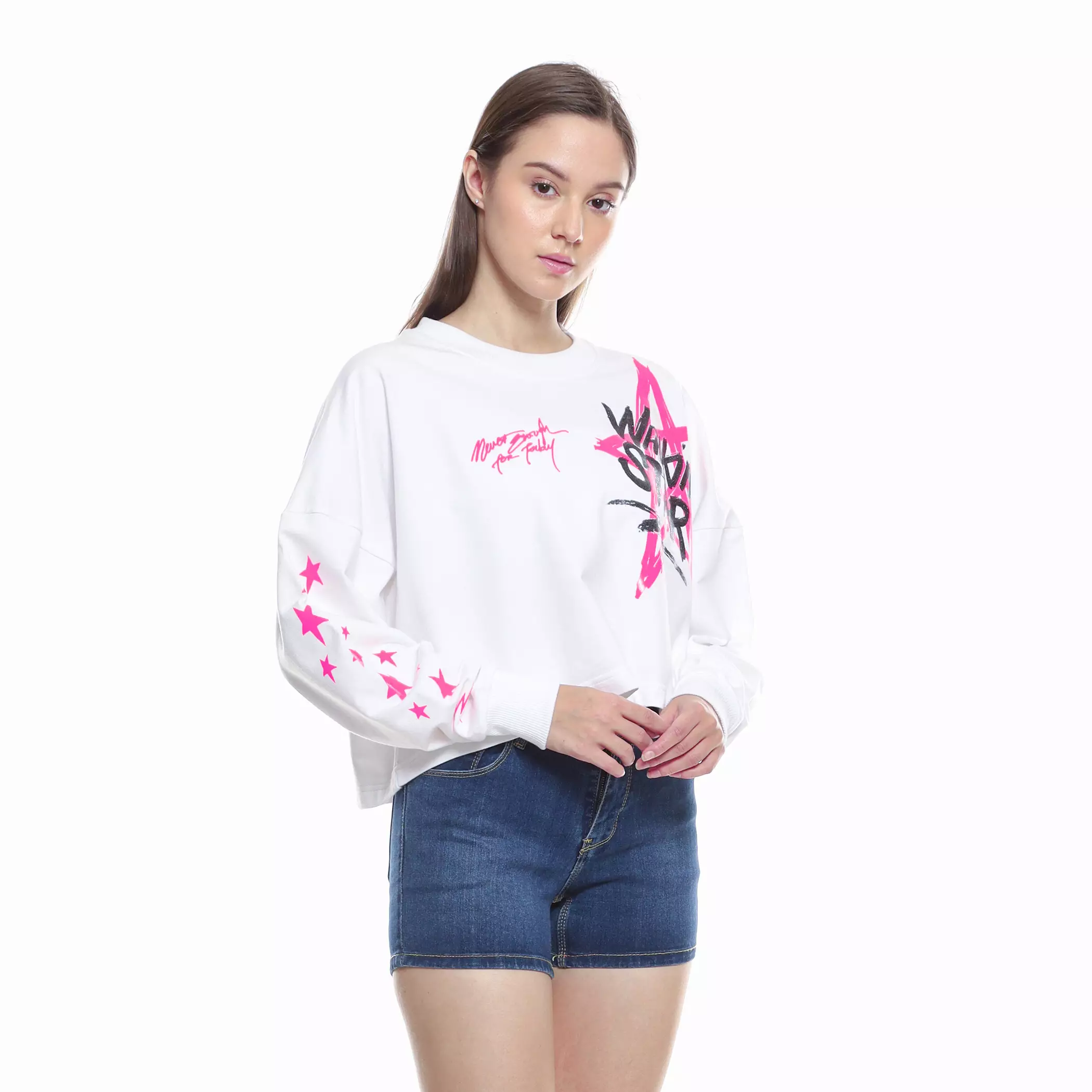 Enough For Today - Sweater Crewneck Crop Oversize Wanita Putih WalkingStar