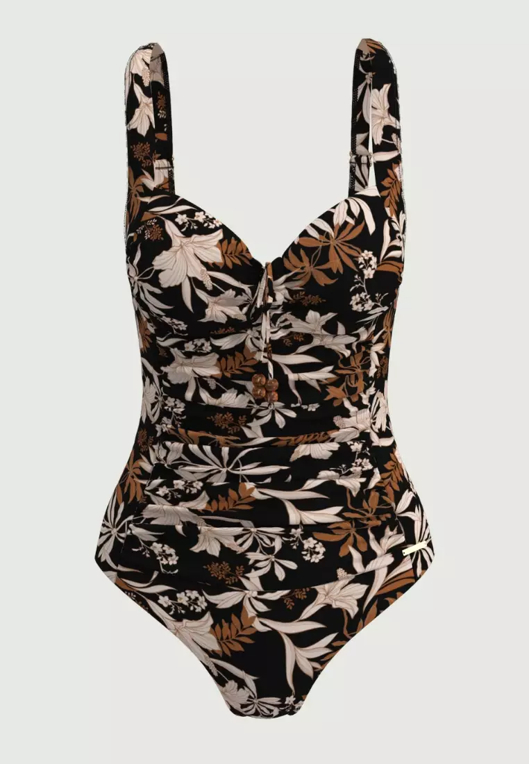 Wild Hibiscus Black Plus Cup Tie Front Onepiece